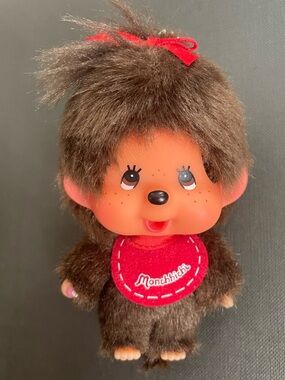 Sekiguchi Monchhichi Girl Plush Keychain Brown w/ Red Bow Bib Kawaii Japan